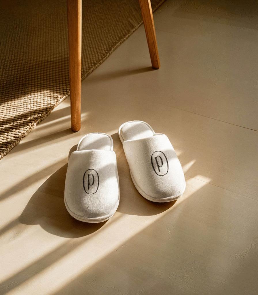 Premium white hotel slippers with custom logo.